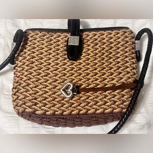 Brighton Woven Beige Brown Rattan Purse Bag LeatherStraps Silver Charms vintage